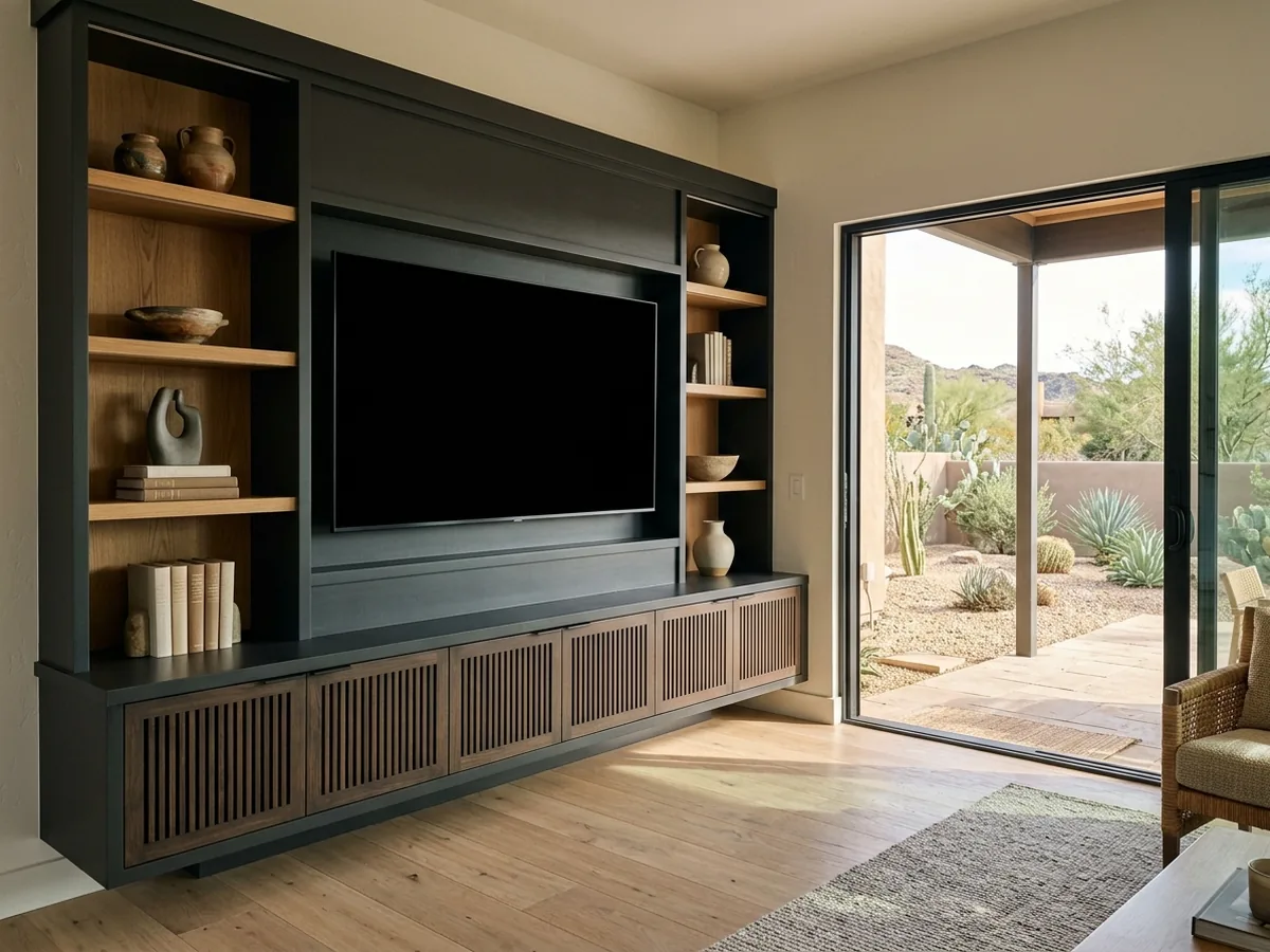 Built-in charcoal entertainment center with a floating base cabinet and oak shelves