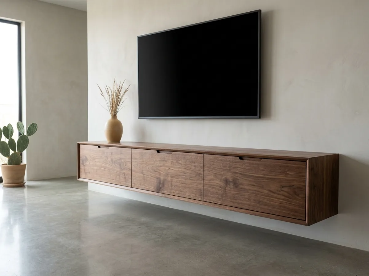Long floating walnut media console with drop-front doors hung below a blank black TV on a light plaster wall