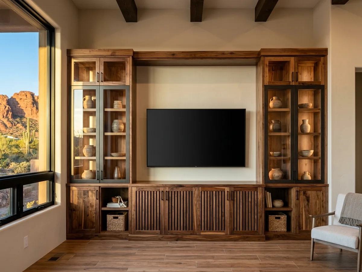 Floor-to-ceiling stained hickory media wall with a blank black TV in a paneled center bay and glass-door cabinets on each side