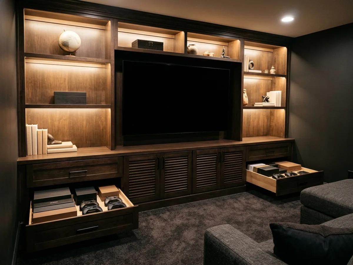 Bonus room wall of espresso-stained cabinets with slatted equipment doors, wide game drawers and open shelves around a blank screen