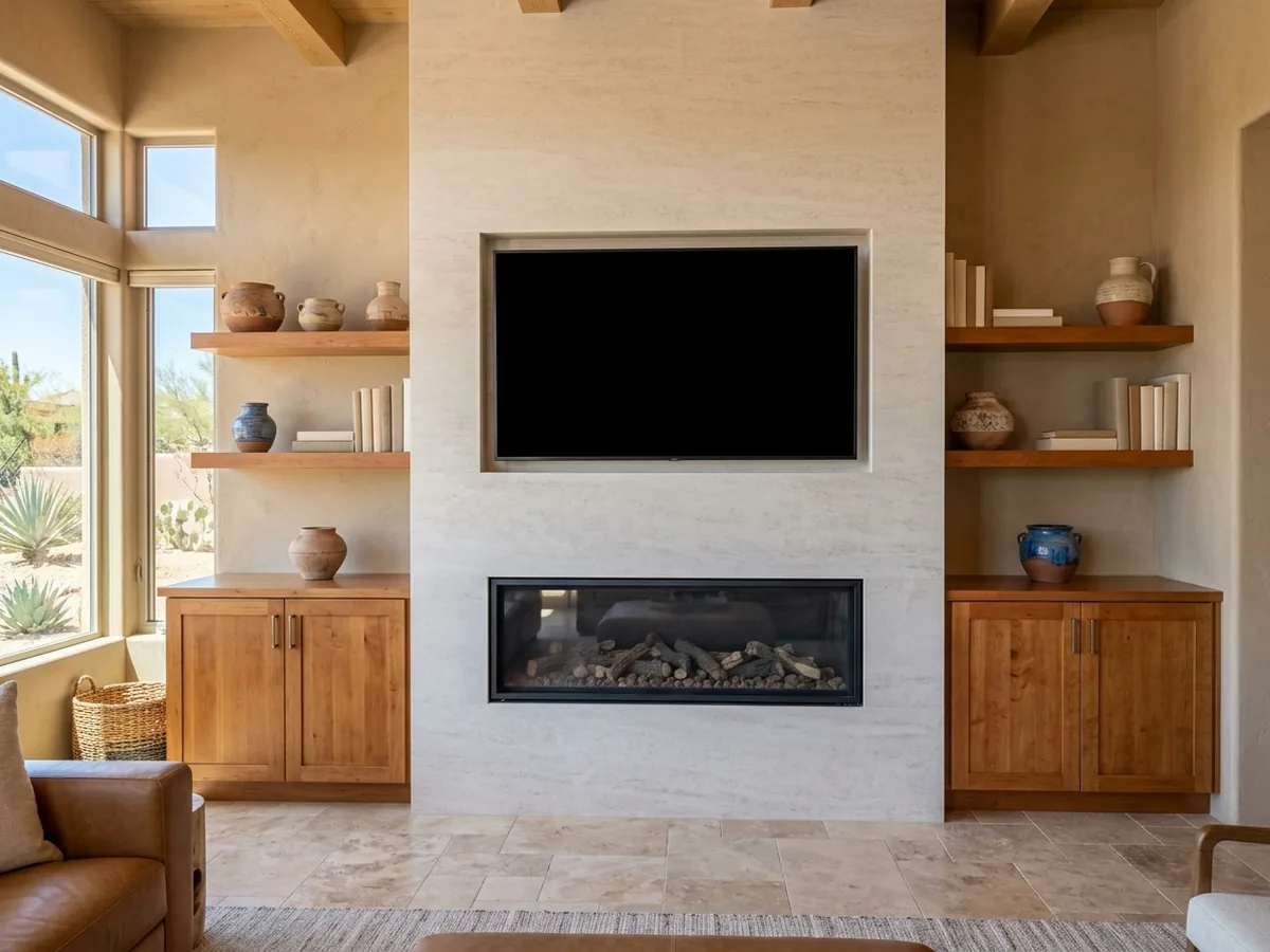 Linear gas fireplace with a large porcelain slab surround, blank black TV above and alder cabinets with open shelves on both sides