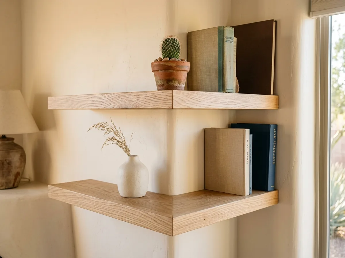 White oak floating shelves wrapping around an inside corner with a tight mitered joint where they meet
