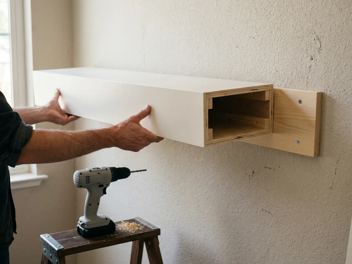 Hollow painted floating shelf box being slid over a wood cleat screwed to a wall, showing its open back