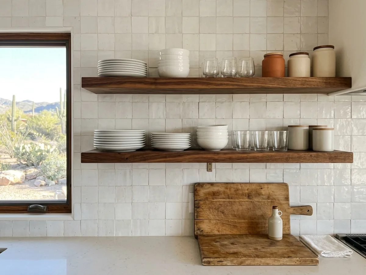 Two long walnut floating shelves above a quartz counter holding stacked white plates, bowls and glasses