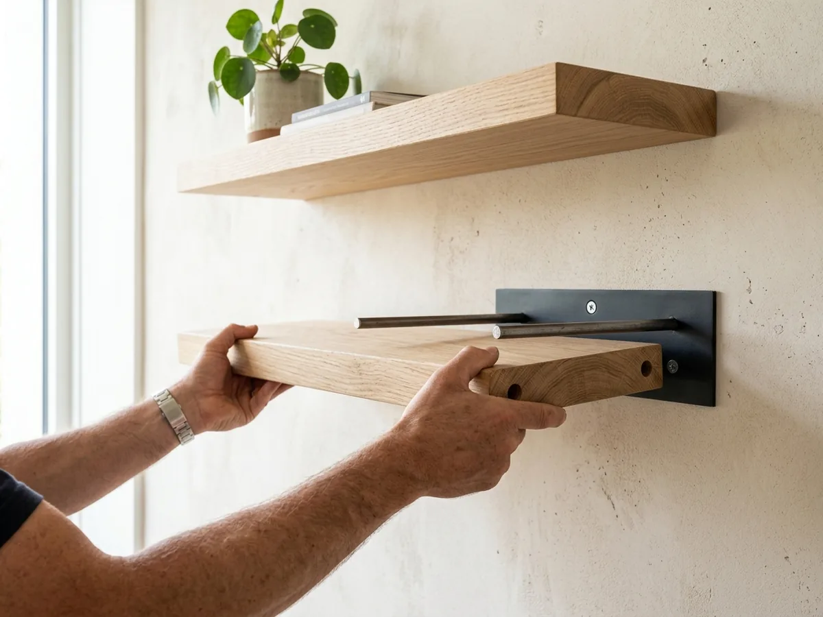 Thick solid white oak floating shelf slid partway onto the steel rods of a hidden bracket fixed to a wall
