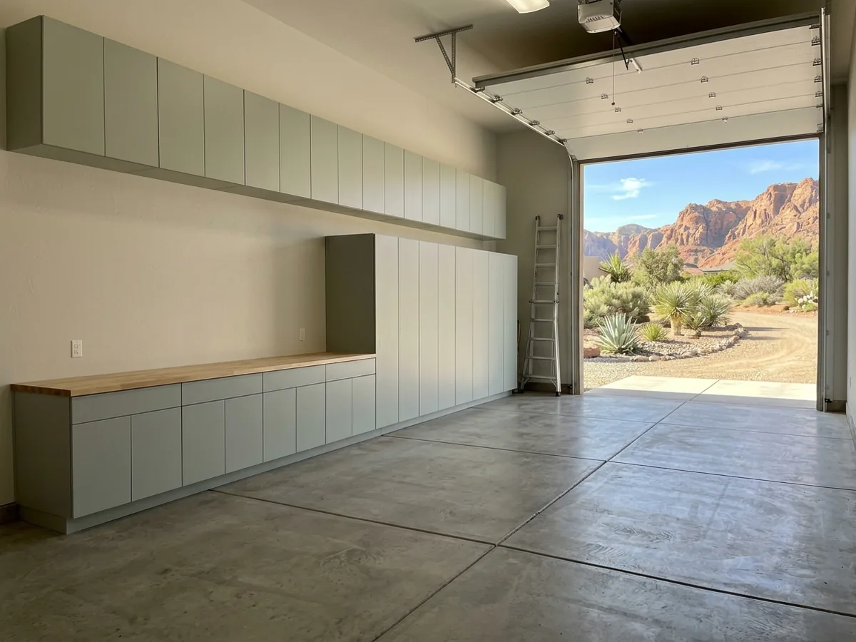 Tall RV garage bay with a long run of deep cabinets along the side wall and a second row of cabinets high above