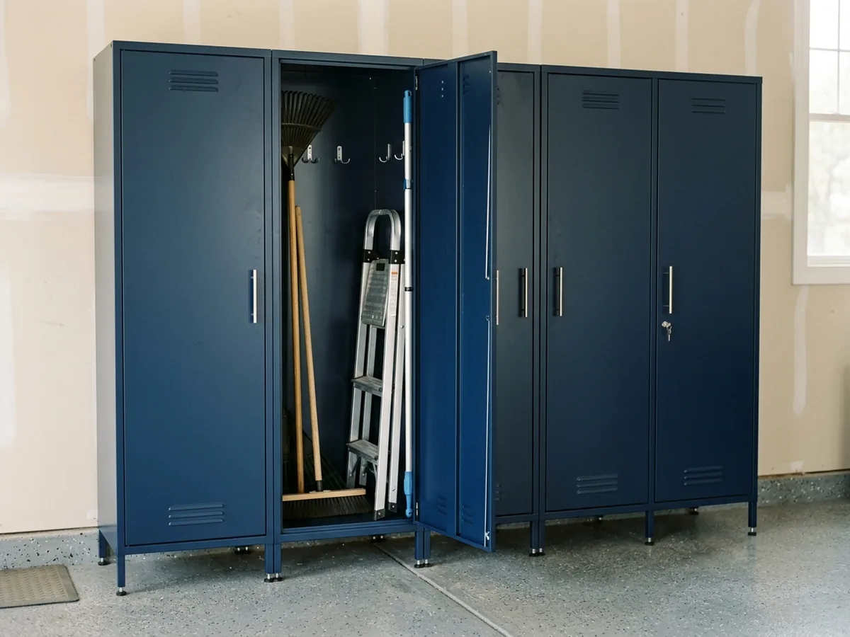 Row of tall dark blue locker cabinets in a garage, one open showing a rake, broom and folded step ladder