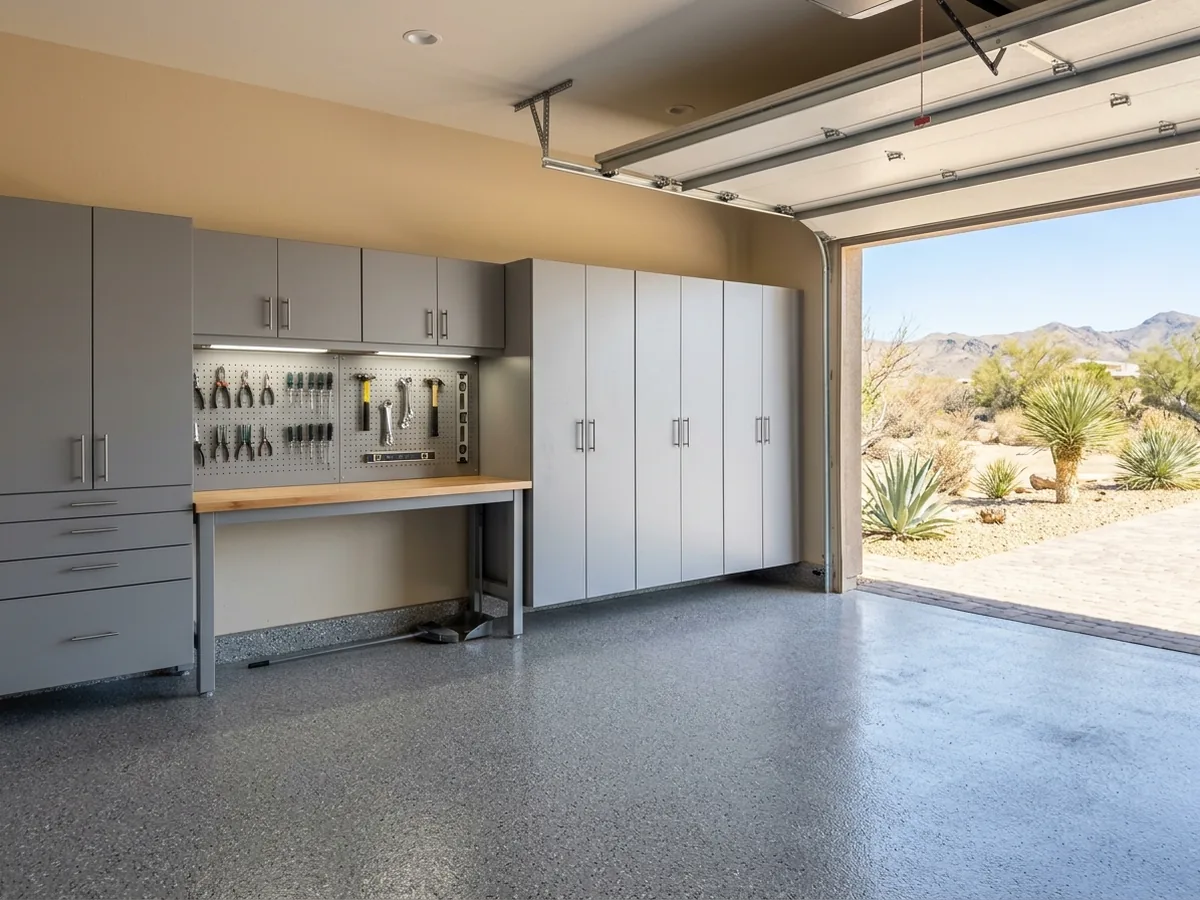 Gray wall-hung garage cabinets with tall storage units and a hardwood workbench