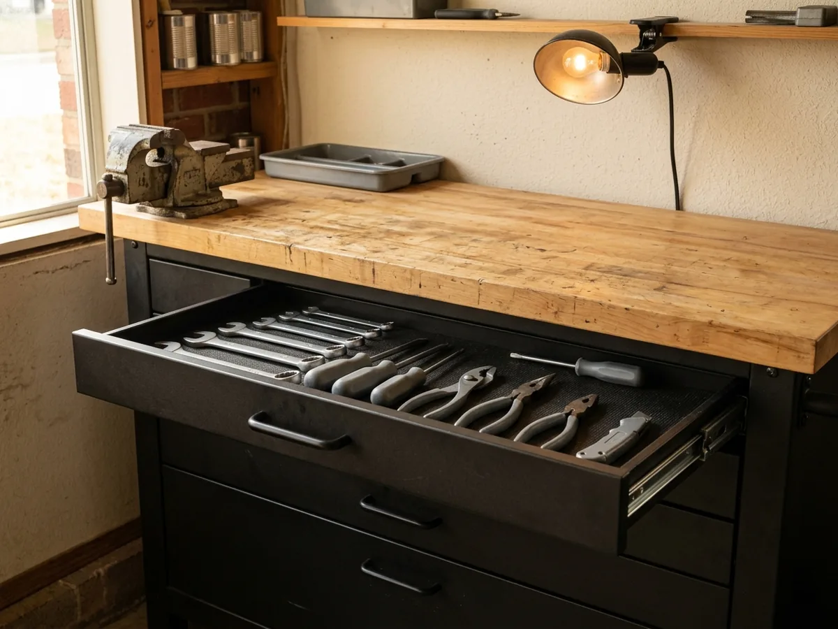 Workbench with a maple butcher-block top over a base of deep drawers, one drawer open showing plain gray hand tools