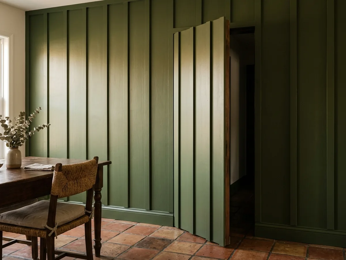 Flush door hidden in a painted board-and-batten wall, its seams lined up with the battens