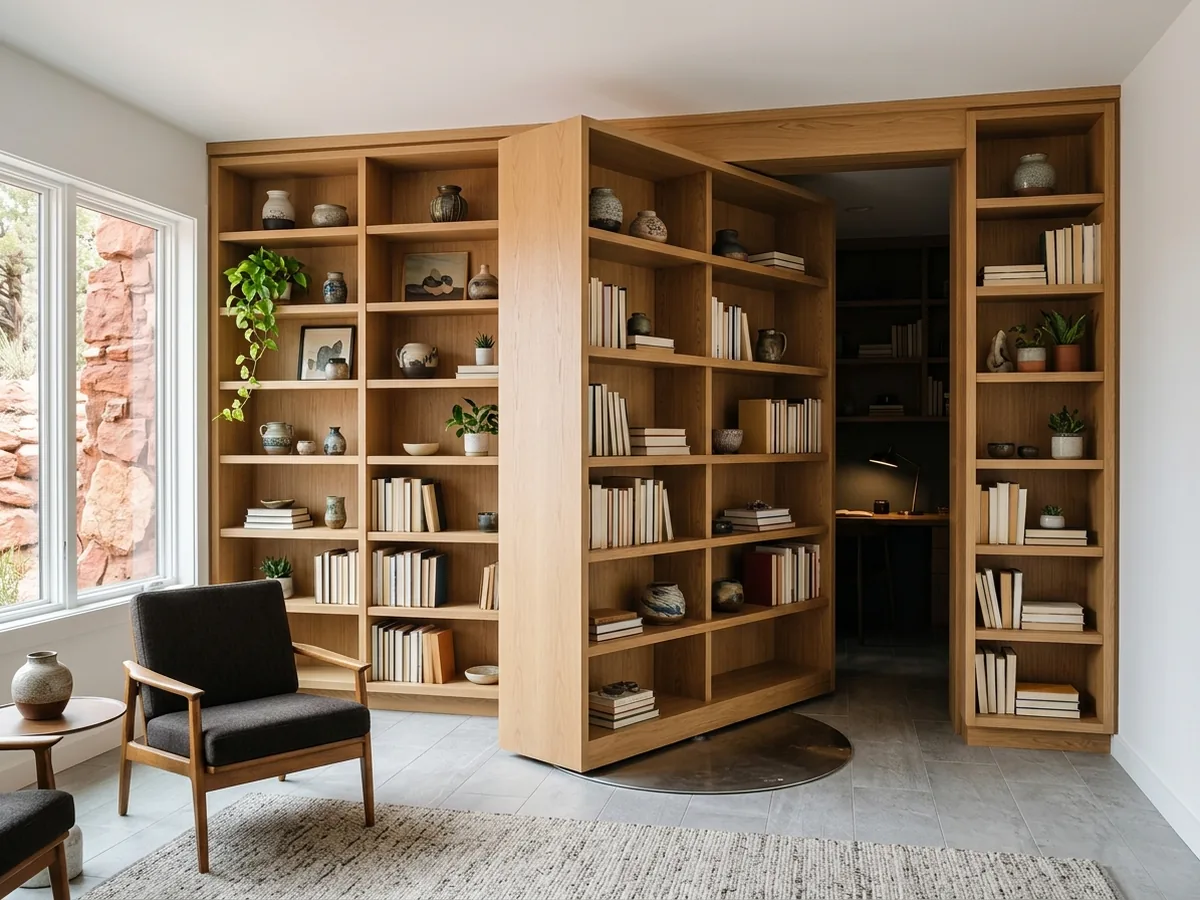 Oak bookcase door turned on a floor pivot, half the door swinging into each room