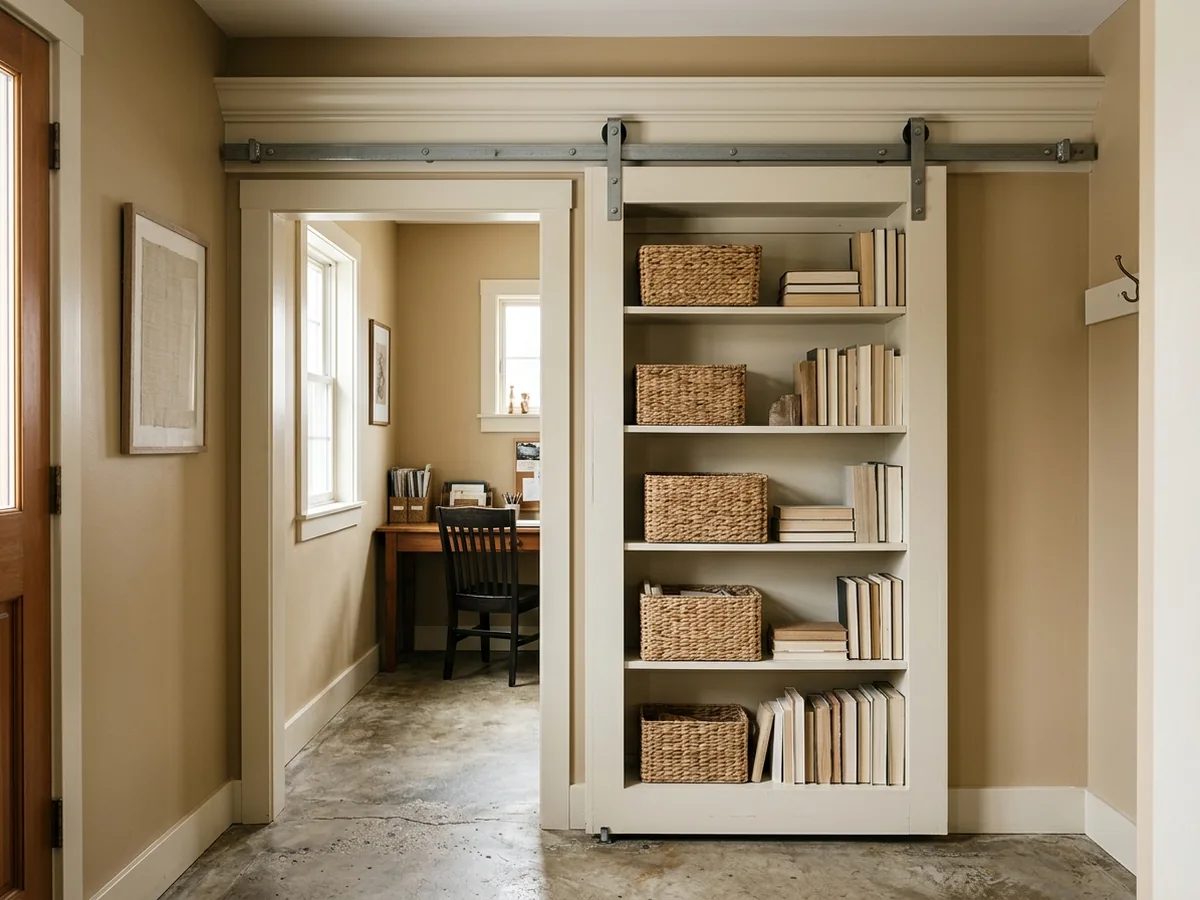 Bookcase on an overhead track slid partway aside to reveal a home office doorway