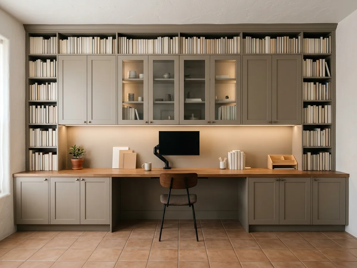 Desk wall with a long painted work surface, upper cabinets and open bookshelves running to the ceiling