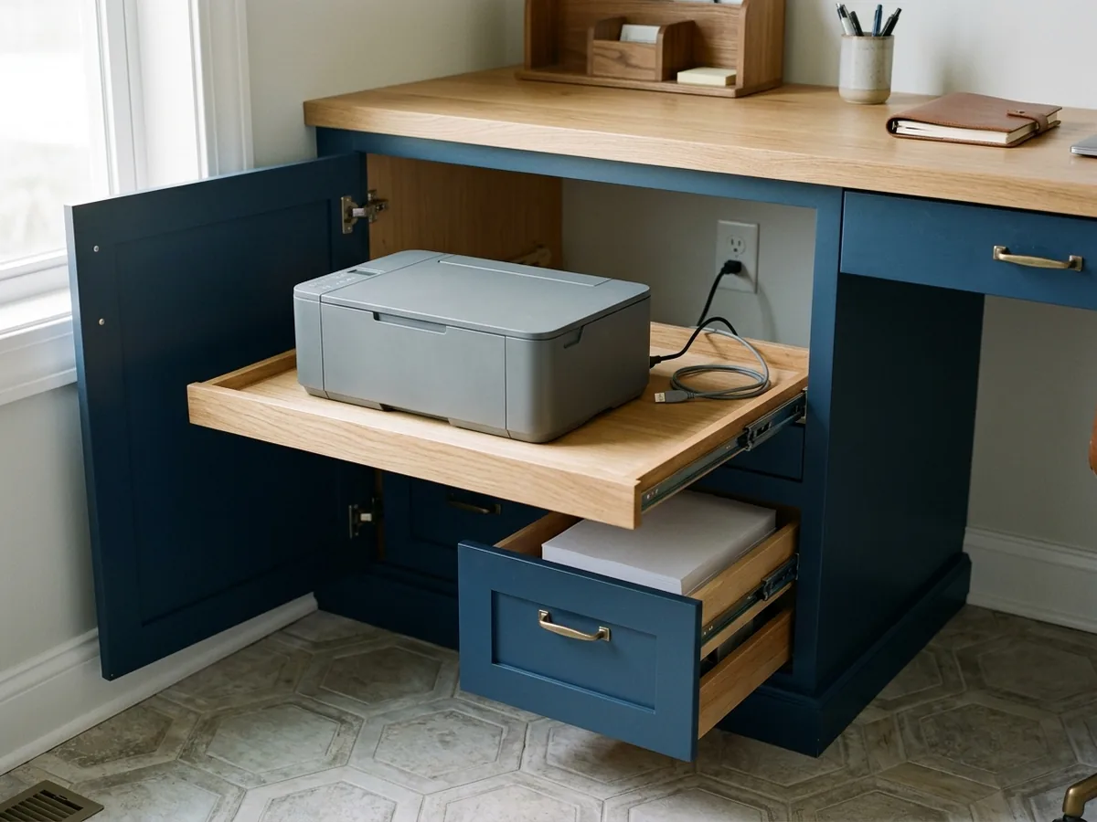 Base cabinet with a printer on a pull-out shelf and paper drawers below, beside a built-in desk