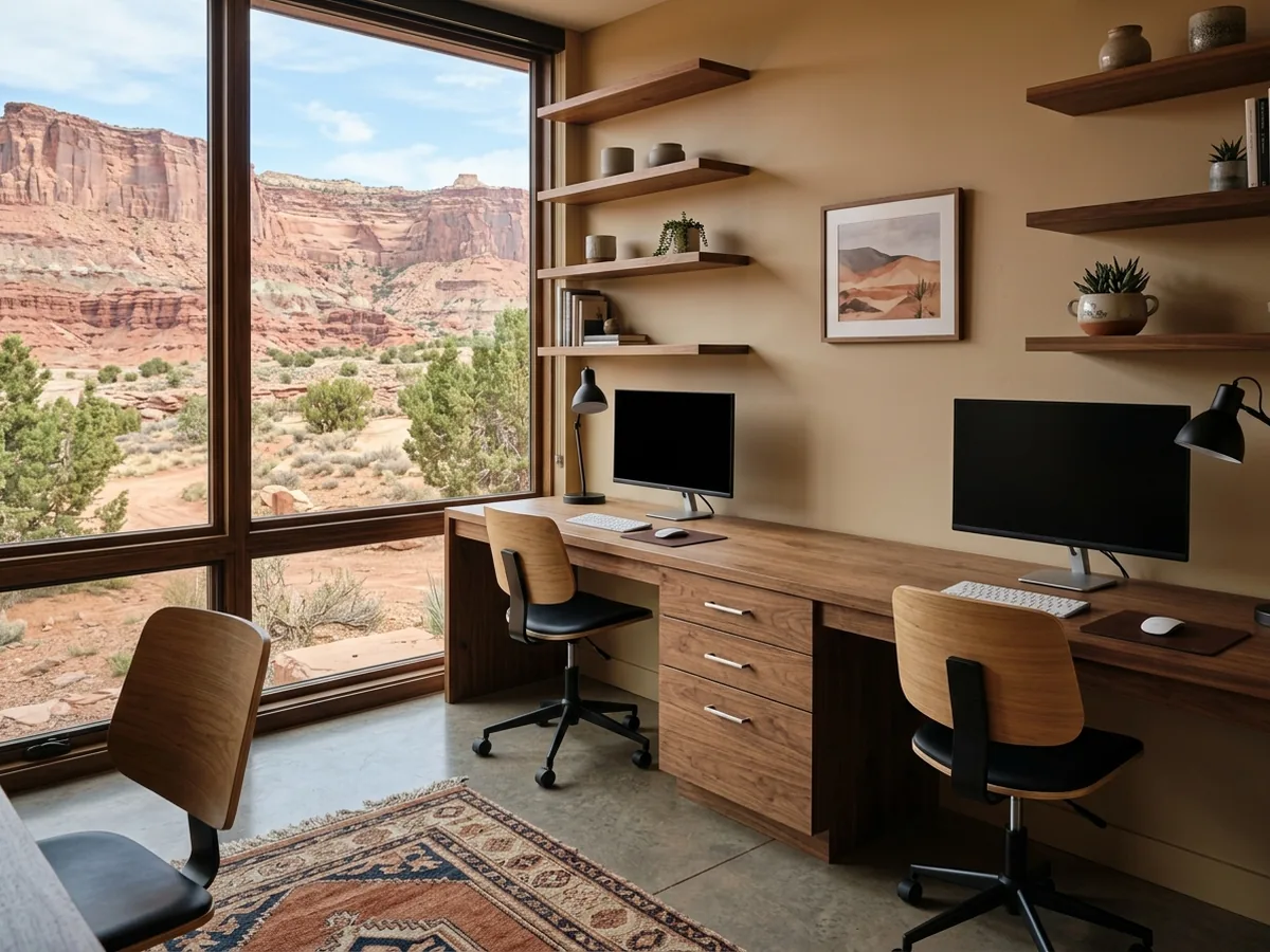 Two-person built-in desk along one wall with two knee spaces and a shared drawer bank between them