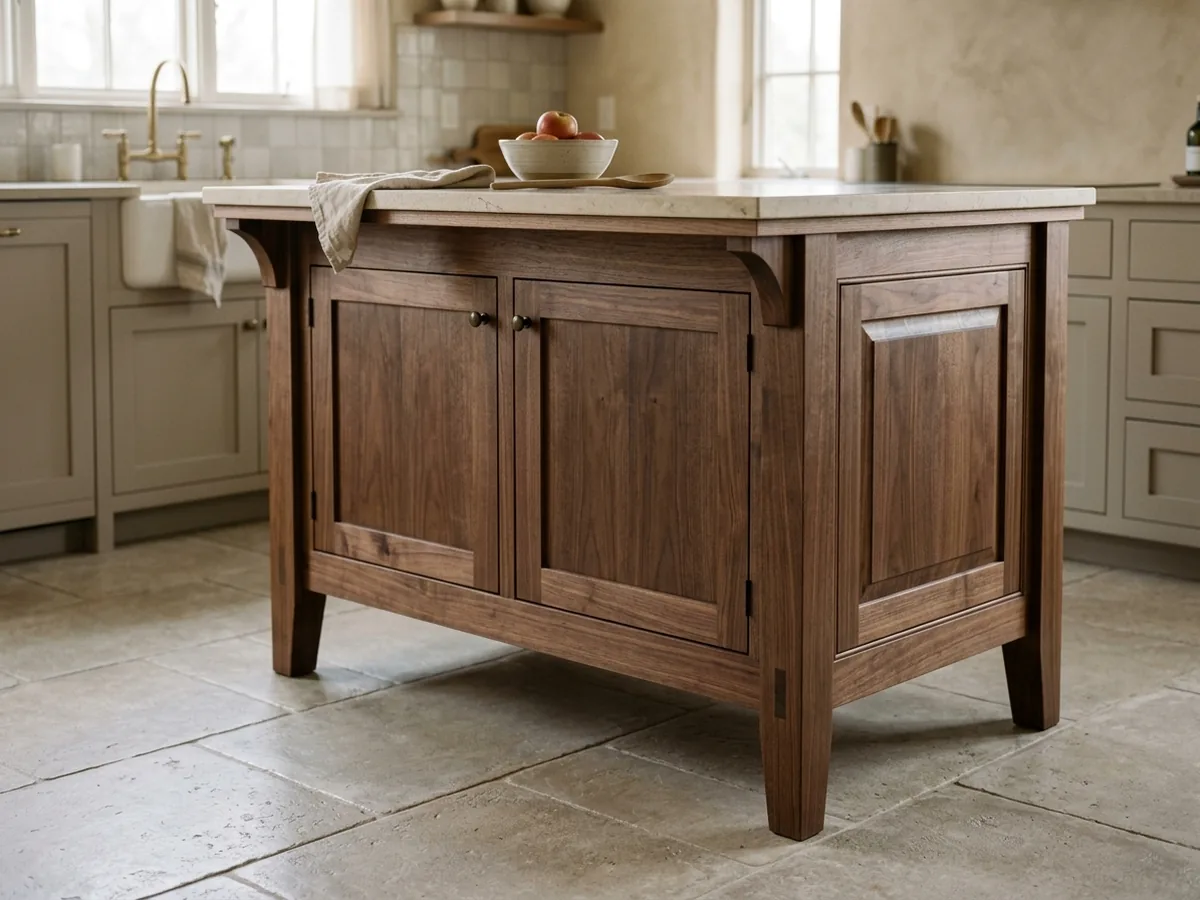 Furniture-style walnut island on turned legs with inset doors and a contrasting light countertop