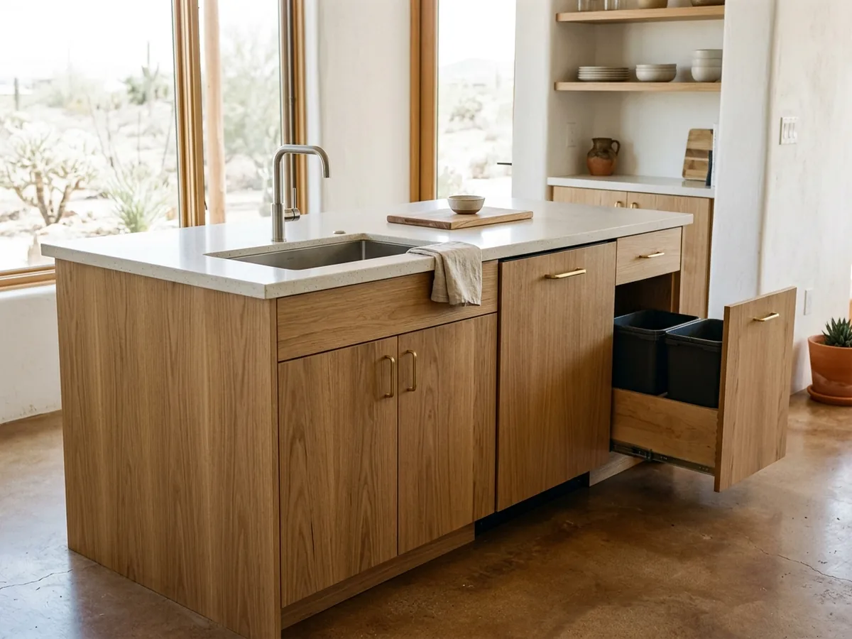 White oak prep island with an undermount sink, a dishwasher panel and a trash pull-out