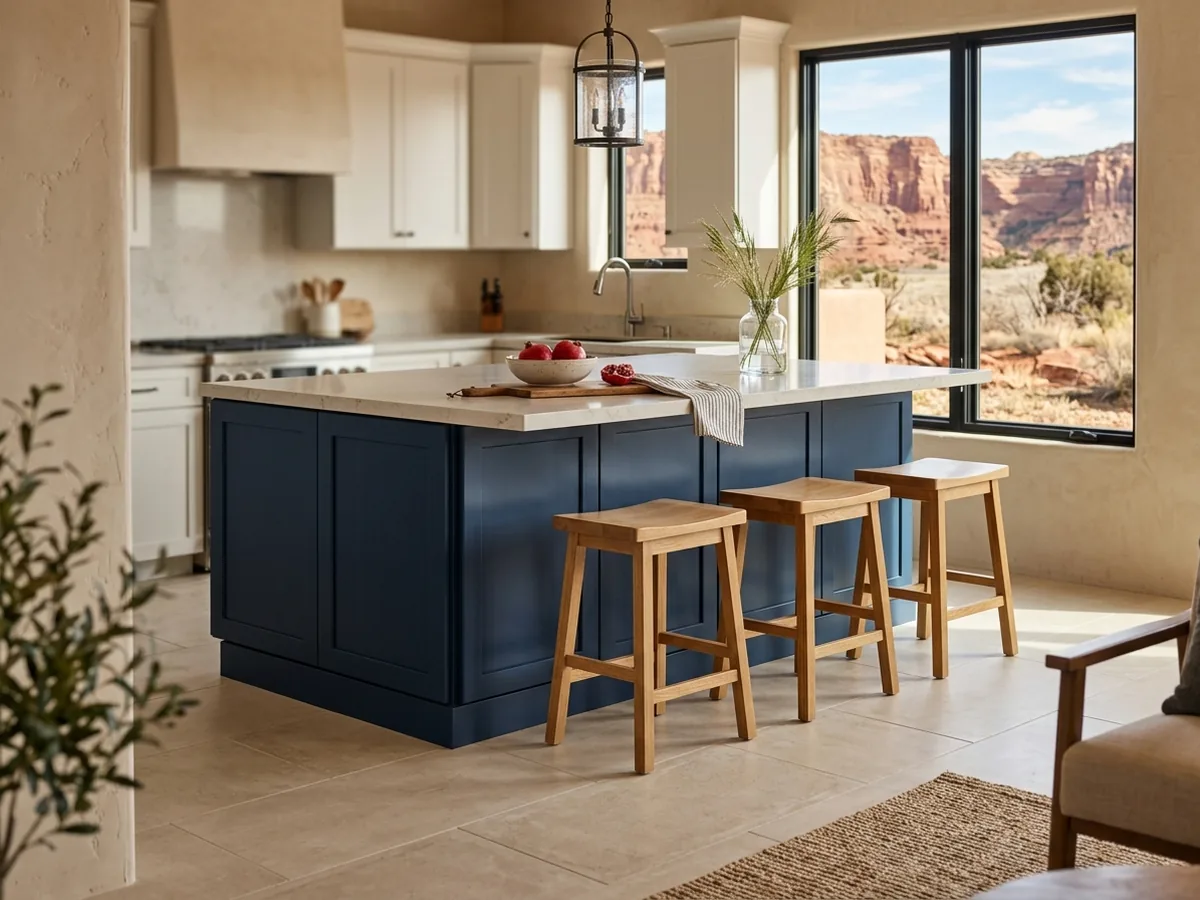 Painted navy kitchen island with a stone overhang, three counter stools and paneled back