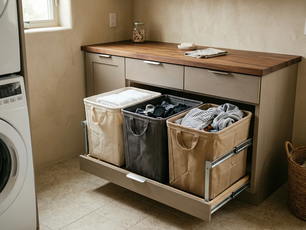 Base cabinet with a pull-out drawer holding three removable fabric laundry bins for sorting