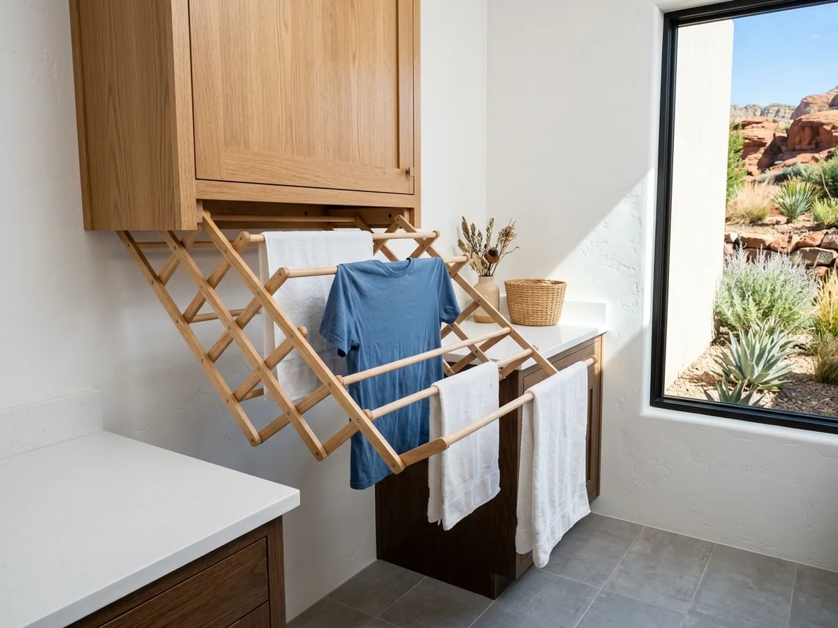 Wall cabinet with an accordion drying rack pulled down over a tiled floor area, wooden dowels holding damp towels