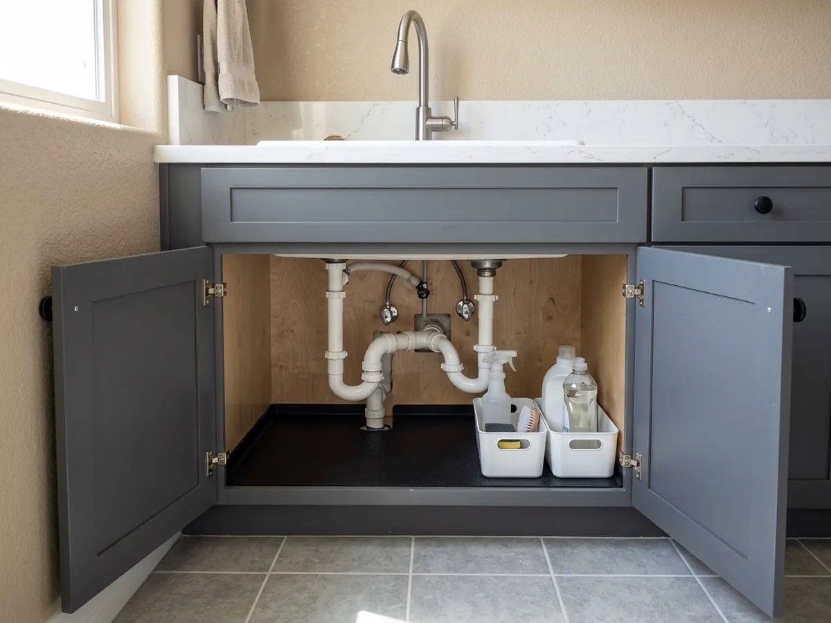 Painted laundry sink base cabinet with an open back for the drain and a deep utility sink set in a quartz counter