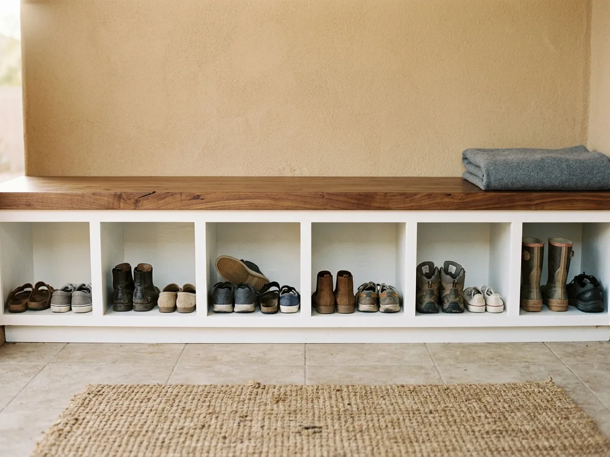 Built-in mudroom bench with a hardwood top and open shoe cubbies below holding sneakers and boots