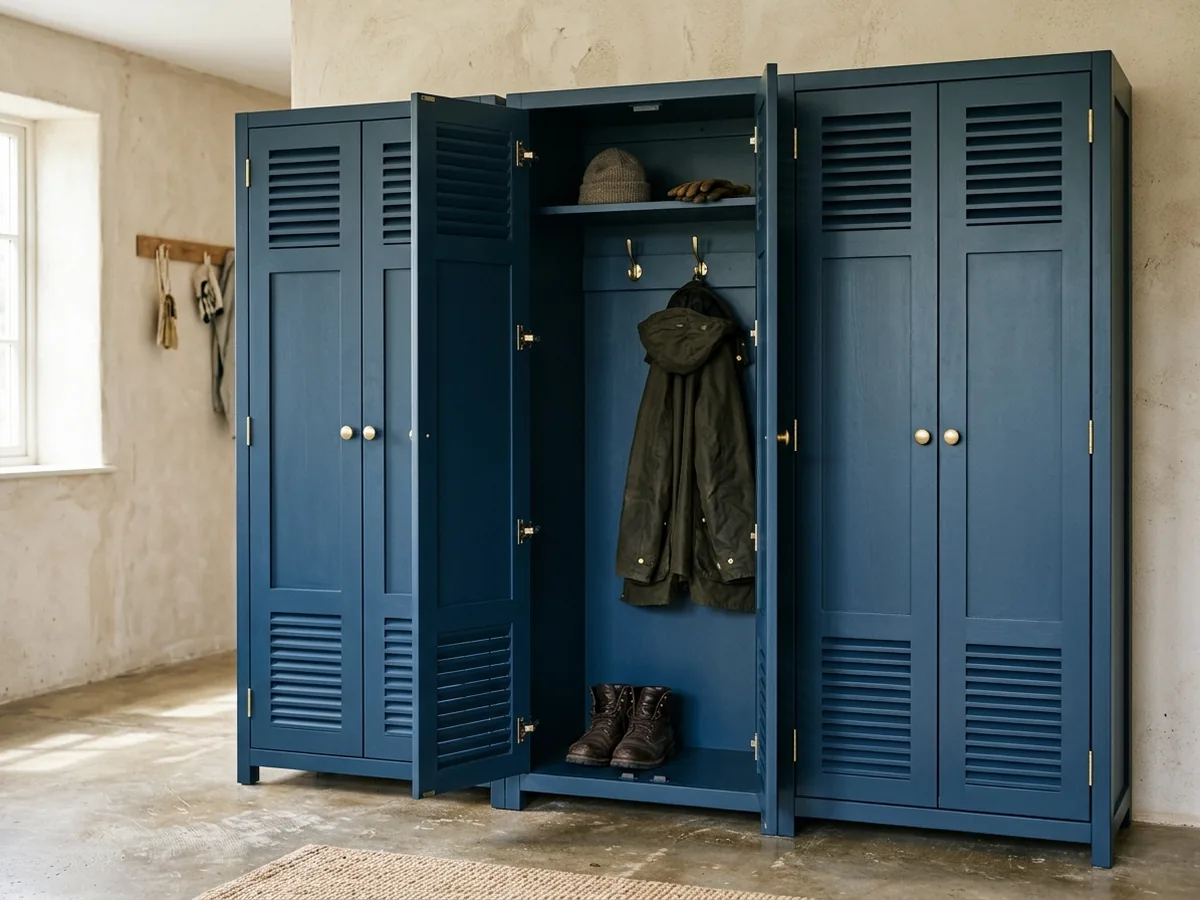 Navy closed mudroom locker cabinets with full-height slatted doors, one door open to hooks and a shelf