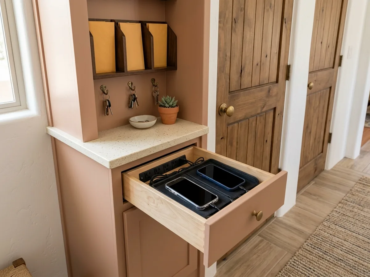 Shallow mudroom cabinet with a small counter, mail slots, key hooks and a drawer with phones charging inside