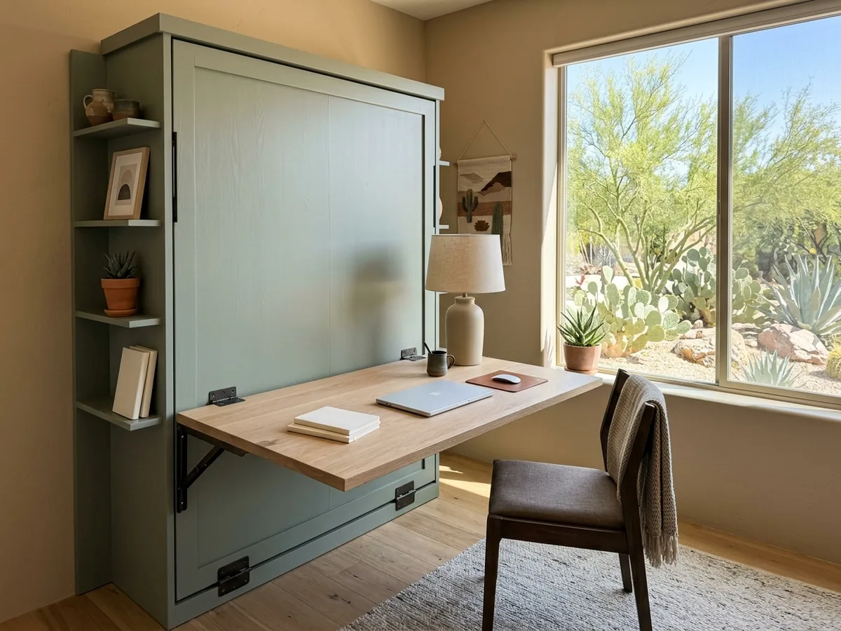 Fold-down desk on the face of a closed Murphy bed cabinet, with a lamp and a closed laptop on the work surface