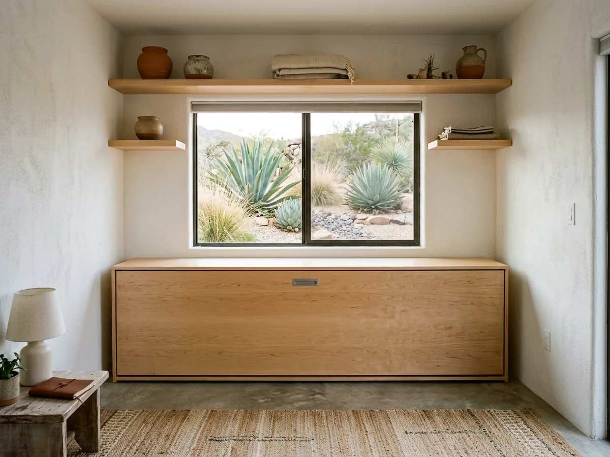 Twin horizontal Murphy bed folded into a low cabinet under a window, with open shelves above it