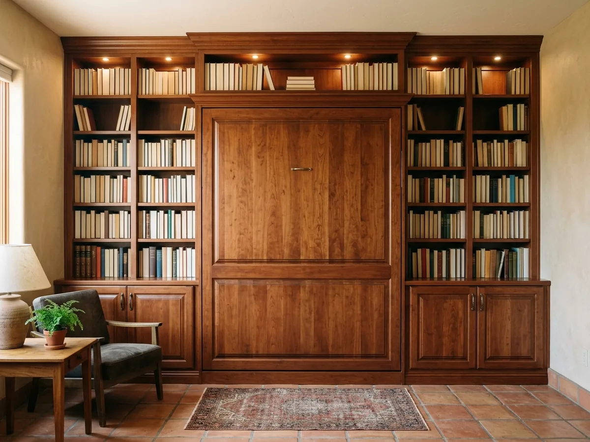 Stained cherry Murphy bed cabinet between two library shelving towers, with a bridge cabinet across the top