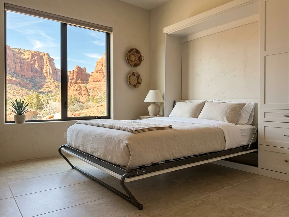 Queen Murphy bed lowered from a painted shaker cabinet wall, its plywood box sides and lift arms visible