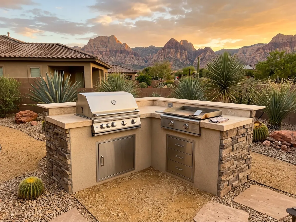 Stucco grill island with a built-in griddle, stainless access doors and drawers, and a stone counter in a xeriscape yard