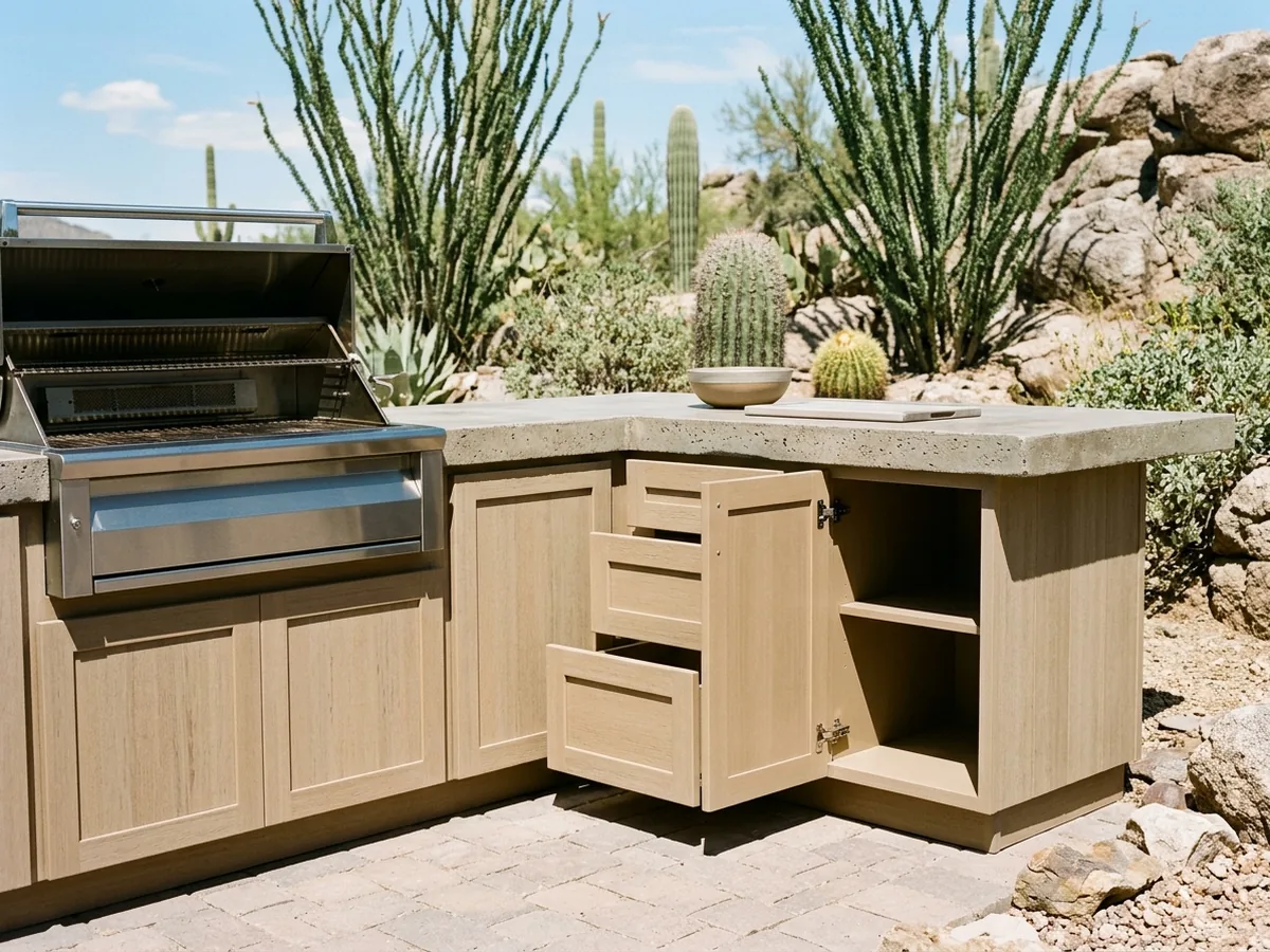 Sand-colored marine-grade polymer outdoor cabinets with slab doors beside a built-in grill