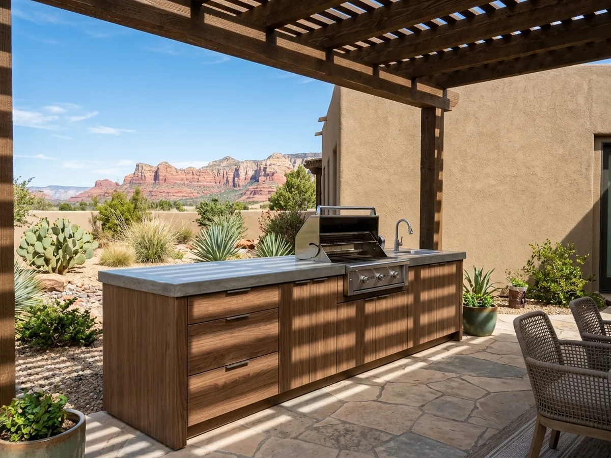 Powder-coated aluminum outdoor cabinets in a wood-grain finish under a concrete counter on a desert patio