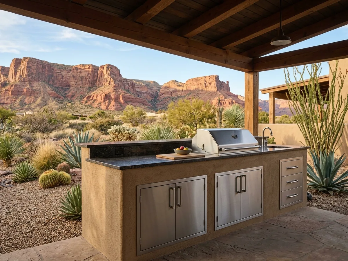 Brushed stainless steel outdoor cabinet doors and drawers under a granite grill counter on a covered patio