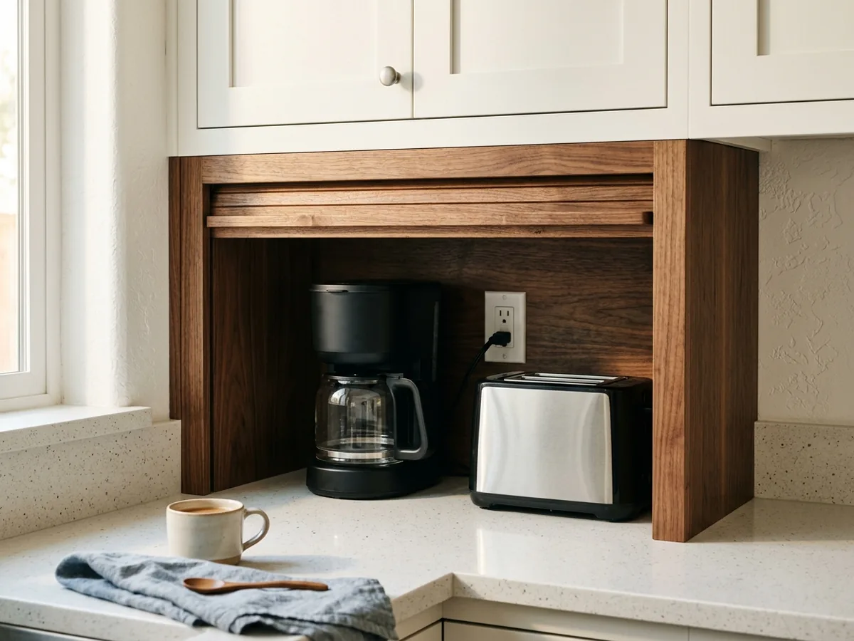 Walnut appliance garage with a tambour door raised, showing a coffee maker on a quartz counter