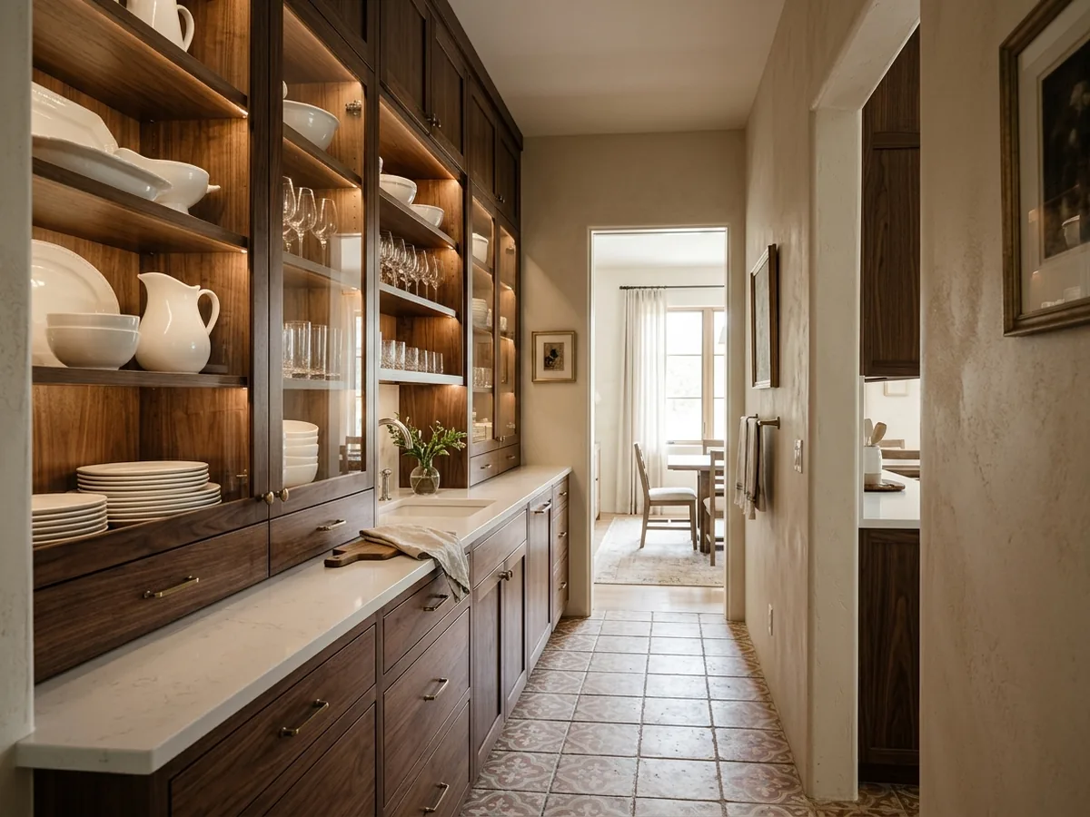 Butler's pantry with stained walnut lower cabinets, glass-front uppers and a quartz counter between kitchen and dining room