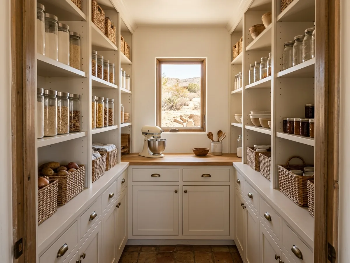 Walk-in pantry with wraparound painted shelving, a lower drawer bank and a small counter