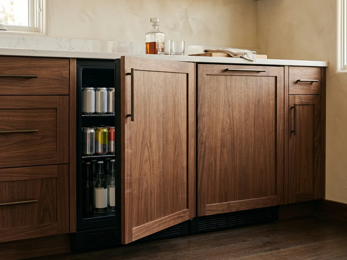 Under-counter beverage fridge and ice maker with wood panel fronts matching the walnut bar cabinets around them