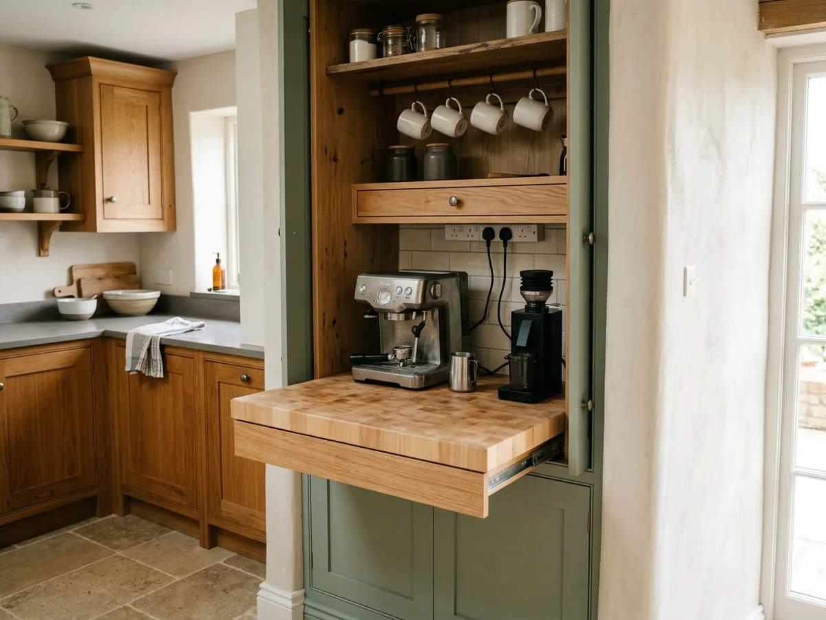 Sage green coffee bar cabinet with pocket doors slid back to reveal an espresso machine on a pull-out shelf