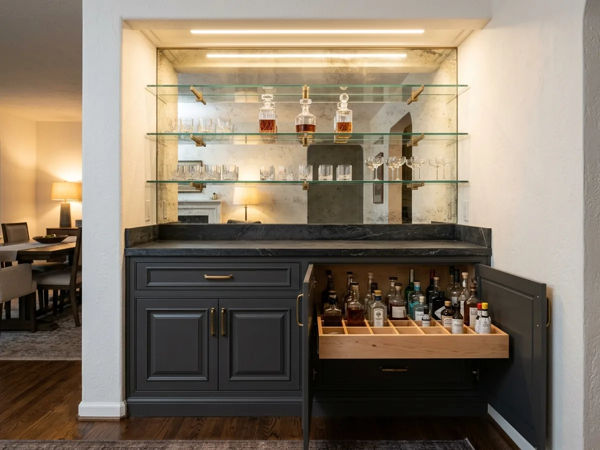 Charcoal painted dry bar cabinet with bottle drawers, a mirrored back and glass shelves above a stone top