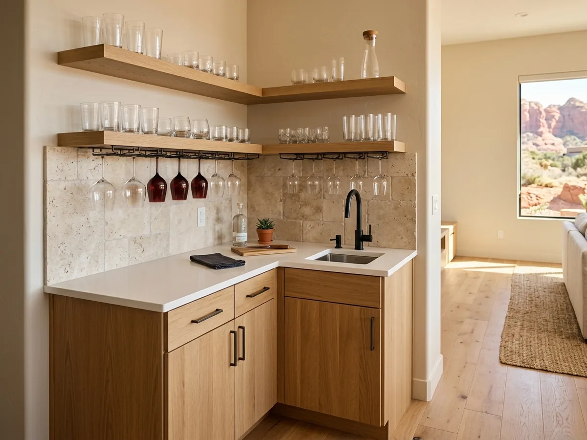 Rift white oak wet bar with a small undermount prep sink in a white quartz counter, open shelves and a stone backsplash