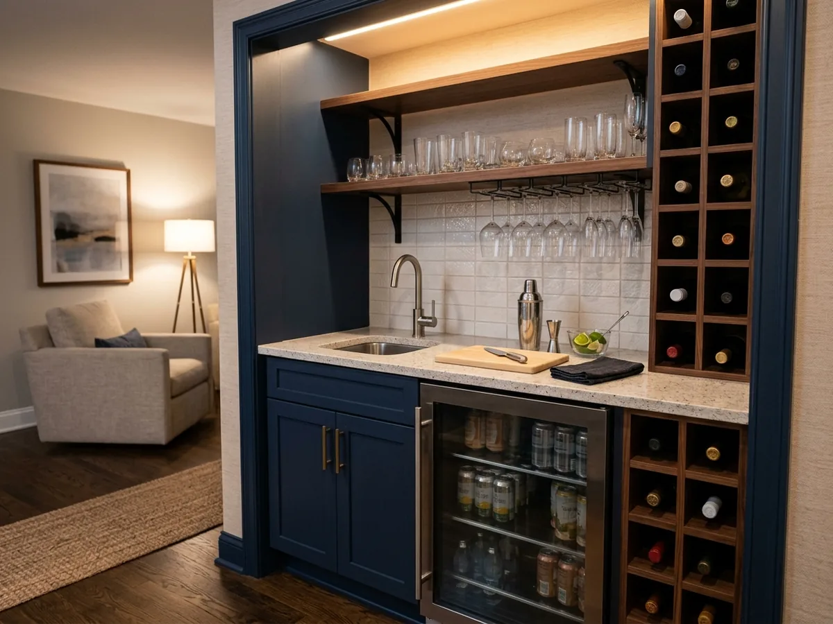Navy wet bar cabinets with a wine cubby column and stemware rack